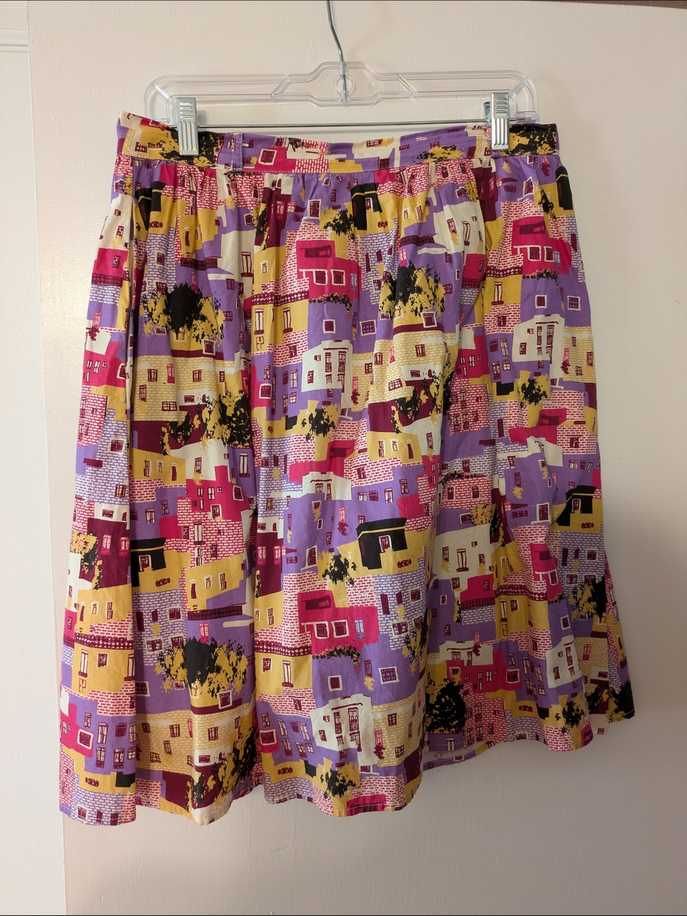 ModCloth Colorful Village-Print A-Line Skirt in Purple, Yellow & Pink